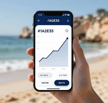 A sleek smartphone displaying a minimalist dashboard with rising revenue graphs, held against a blurred background of an Algarve beach. Modern, tech-focused, and premium. Brand colors #1A2E35 and #B4C5CB integrated into the app design.