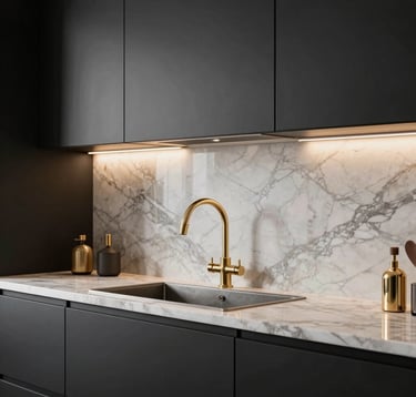 High-end interior photography of a luxury kitchen featuring dark matte black cabinetry and a stunning book-matched marble backsplash. Champagne gold accents on the fixtures catch the warm designer lighting.