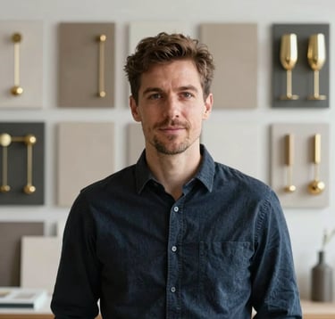 Professional architectural portrait of a lead interior designer in a high-end studio setting. The background shows blurred mood boards and champagne gold hardware samples. Sophisticated and focused mood.