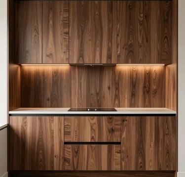 Detailed shot of bespoke kitchen cabinetry with a smooth walnut finish and integrated LED accent lighting. The composition is symmetrical and clean, reflecting architectural precision and premium craftsmanship.