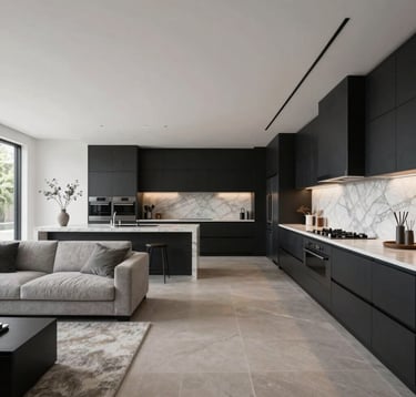 An interior shot of an open-concept living area and kitchen in a high-end Los Angeles residence. The space features clean lines, architectural symmetry, and a palette of matte black, marble gray, and white.
