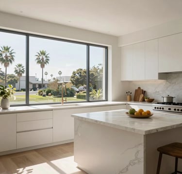 Wide-angle architectural photograph of a bright, minimalist Los Angeles kitchen with large floor-to-ceiling windows. The scene features off-white cabinetry, a large marble-topped island, and soft natural Californian daylight.