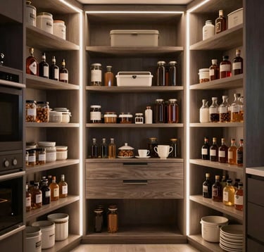 A detailed shot of a luxury walk-in pantry with integrated LED lighting and custom shelving. The organization is geometrically perfect, showing an architectural approach to storage within a premium kitchen environment.