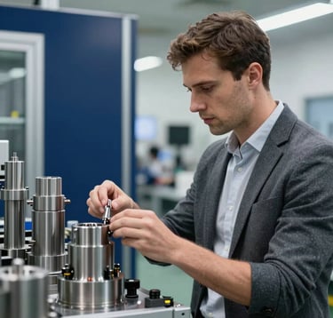 A professional in an International / Business setting, wearing business casual attire, inspecting high-quality manufactured components in a clean, modern factory environment with deep navy blue accents.