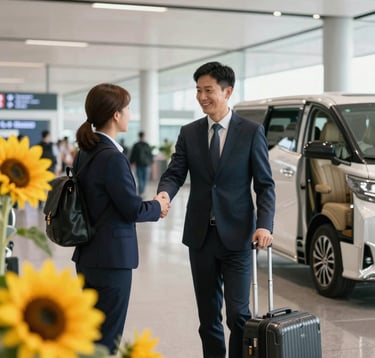 A professional traveler being greeted at a modern airport in an International / Business setting, with a chauffeur holding a sign, bright and welcoming atmosphere with vibrant sunflower yellow highlights.