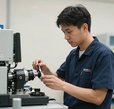 Photography of a quality control expert in a bright warehouse checking a mechanical part, clean Soft Off-White background, focused lighting, International / Business environment.