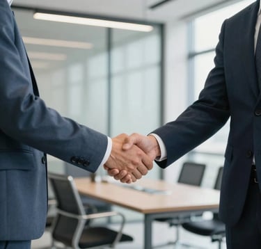 Photography of two business professionals shaking hands in a bright, modern corporate office with Muted Steel Blue and Midnight Navy Blue accents, International / Business workspace.
