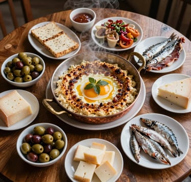 A top-down view of a traditional Turkish breakfast and lunch spread in Trabzon, featuring steaming Kuymak in a copper pan, fresh olives, local cheeses, and Black Sea hamsi, on a wooden table, Eastern European / Turkish culinary scene.
