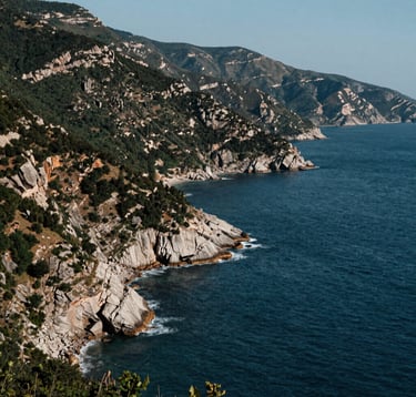 A wide-angle landscape shot of the rugged Black Sea coastline in Trabzon, where dark blue waters meet steep, forested hillsides. Bright midday sunlight highlights the natural textures of the landscape, capturing the adventurous spirit of the region. Eastern European / Turkish setting.