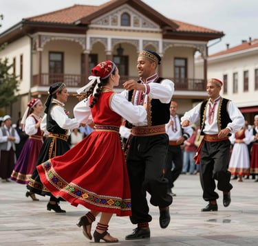 An action shot of a group of performers in traditional Black Sea attire performing the Horon dance in a public square in Trabzon, featuring vibrant costumes and Eastern European / Turkish architectural details in the background, daytime light.