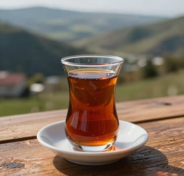 A close-up photograph of a traditional Turkish tea service on a wooden table overlooking a valley in Trabzon. The warm amber tea in a tulip-shaped glass glows in the afternoon sun, representing local relaxation and culture. Eastern European / Turkish setting.