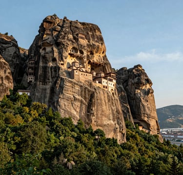 Stunning photography of the Sumela Monastery, an Eastern European / Turkish architectural marvel carved into a steep cliffside, surrounded by the emerald green trees of Altindere National Park under a sky blue morning atmosphere.