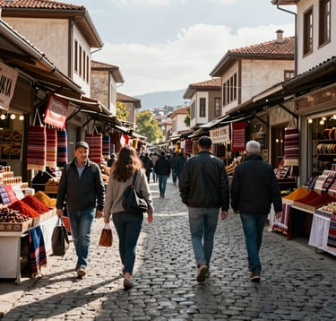 A vibrant street scene in Trabzon, Turkey, showing Eastern European / Turkish people walking through a cobblestone marketplace with stalls selling red spices and local textiles, captured in bright, natural afternoon lighting.