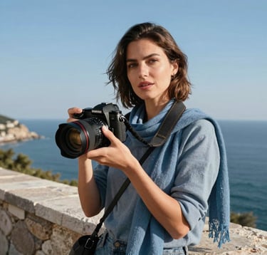 A medium portrait of a travel photographer, female, Eastern European / Turkish, holding a professional camera and wearing a muted blue scarf. She stands on a stone terrace overlooking the Black Sea coastline under a sky blue sky, looking inspired.
