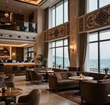 The elegant interior of a boutique hotel lobby in Trabzon, featuring a blend of modern design and traditional Turkish motifs. Large windows reveal a view of the Black Sea. The lighting is warm and inviting. Eastern European / Turkish setting.