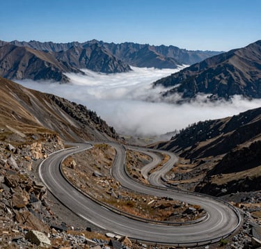 A breathtaking photograph of a winding mountain road in the Pontic Alps near Trabzon, Turkey. The road disappears into a valley of clouds, with a sky blue horizon and sharp charcoal-colored peaks in the background.