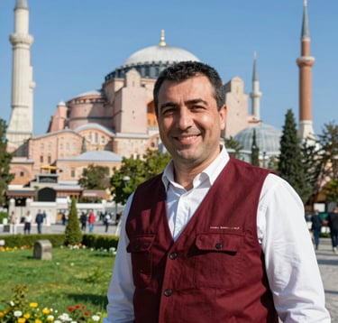 A portrait of a local male travel guide, Eastern European / Turkish, smiling warmly while wearing a dark red vest. He is standing in front of the historic Hagia Sophia Mosque in Trabzon, with vibrant green gardens and a clear sky blue background.