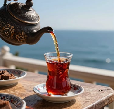 A close-up photography shot of traditional Eastern European / Turkish tea being poured into a tulip-shaped glass on a balcony overlooking the deep sky blue waters of the Black Sea. Warm sunlight glows against the red and charcoal colors of the tea set.