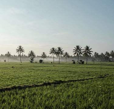 A vast plot of green fertile land with palm trees in a serene Southeast Asian / Indonesian countryside, clear morning sky, professional architectural land photography style, featuring Misty Sage and Arctic Mist tones.