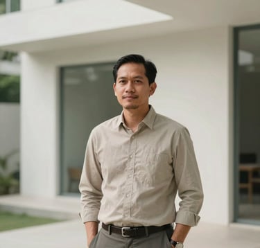 A professional man in business casual attire, a Southeast Asian / Indonesian property consultant, standing in front of a minimalist architectural project. The scene uses soft off-white lighting with muted sage green accents, conveying trust and reliability.