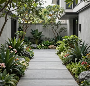 Photography of a peaceful garden within a high-end Southeast Asian / Indonesian housing estate. A clean stone walkway is surrounded by exotic plants and blooming flowers. The scene is bright and airy, utilizing colors like soft sage grey and deep forest green to convey a premium environment.