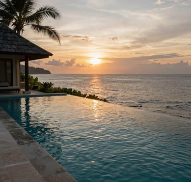 An infinity pool overlooking the ocean at a luxury villa in a Southeast Asian / Indonesian coastal area, sunset lighting reflecting off the water, premium and serene atmosphere, Deep Pine Green accents, high-end travel photography.