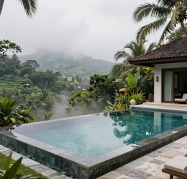 A high-end photography of a luxurious private villa's infinity pool reflecting a Pale Mist sky. The pool is surrounded by Deep Green tropical foliage and Sage Mist stone tiling, set in a peaceful Southeast Asian / Indonesian valley background.