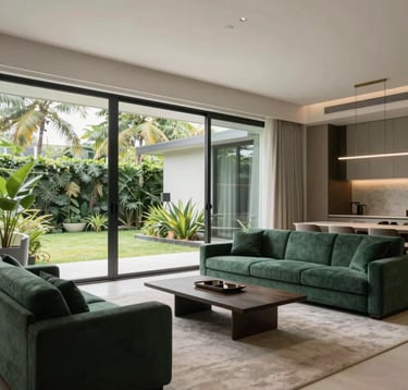 Interior of a modern luxury living room in a Southeast Asian / Indonesian home, large glass windows showing a garden, minimalist furniture in Arctic Mist and Deep Pine Green colors, soft natural lighting, elegant atmosphere.