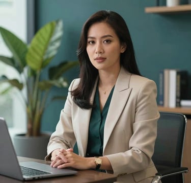 A professional woman in elegant attire, a Southeast Asian / Indonesian real estate expert, sitting in a bright, modern office with dark teal accents and botanical elements, looking confident and helpful.