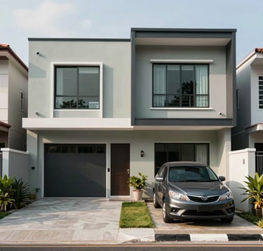 A clean, eye-level photograph of a modern residential home exterior. The house features Sage Mist walls, minimalist architecture, and large windows. A family car is parked in a driveway in a quiet, upscale Southeast Asian / Indonesian neighborhood.