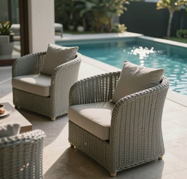Close-up photography of an elegant villa terrace in a Southeast Asian / Indonesian setting. The terrace features high-end furniture in soft sage grey and a view of a sparkling private pool. The mood is sophisticated and tranquil, with soft morning sunlight highlighting the premium materials.