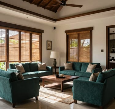 Interior shot of a sophisticated living room in a Southeast Asian / Indonesian villa. Dark Forest Teal furniture accents contrast with Pale Mist walls. Sunlight filters through bamboo blinds, highlighting a modern and airy layout.