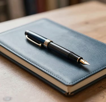 A close-up photograph of a fountain pen resting on a leather-bound notebook inside a quiet, sunlit Luxembourgish library. Minimalist composition, soft natural light, conveying a sense of heritage and meticulous planning. Colors include light grey-blue and deep navy tones.