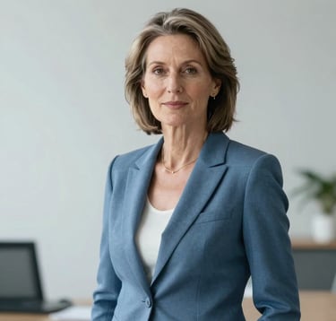 A high-end professional portrait of a senior financial strategist in her 50s. She is wearing a tailored slate blue blazer. The background is a blurred, bright, minimalist office in Luxembourg with pale grey walls and soft natural light. The expression is confident and trustworthy.