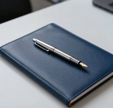 A close-up shot of a sophisticated, minimal desk arrangement in a Luxembourgish office. A high-end silver fountain pen rests on a leather document folder. The color palette is composed of navy blue and light grey, suggesting discretion and order.