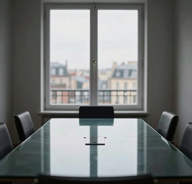 An interior shot of a minimal and elegant private conference room. A glass table reflects soft light from a window overlooking a Western European city. No people are present, emphasizing a mood of calm authority and private focus.