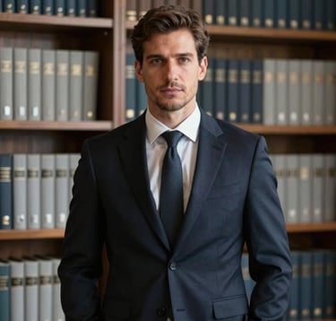 A refined portrait of a male legal expert in a sophisticated dark navy suit. He is standing in a library with muted mahogany shelves and pale grey book spines. Soft, focused lighting highlighting a calm and serious Western European professional.