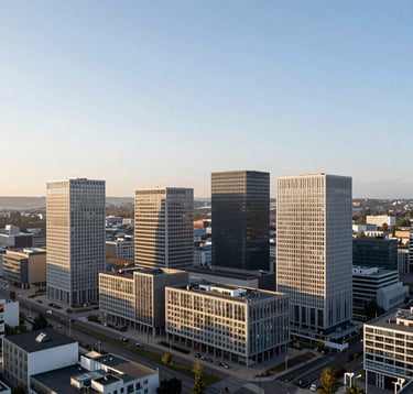 A serene, aerial view of the Kirchberg financial district in Luxembourg. The composition is clean and focused on the sharp lines of the European institutions and modern bank headquarters. Soft morning light, featuring slate blue and off-white tones.
