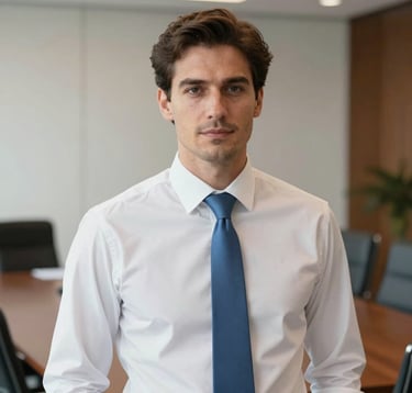 Portrait of an elegant man in a minimalist professional setting. He is wearing a crisp white shirt and a slate blue tie. The composition is clean and premium, with a soft-focus view of a high-end Luxembourg boardroom in the background.