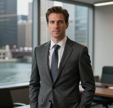 Professional portrait of a distinguished man, Julian Sterling, in a charcoal tailored suit. He is standing in a sleek office with a view of the Chicago River. The mood is one of quiet confidence and expertise.