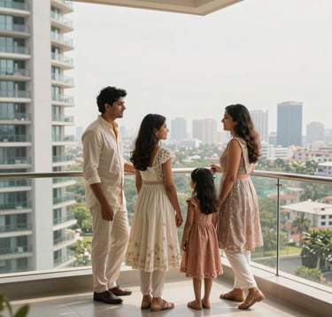 A bright and airy lifestyle shot of a South Asian / Indian family standing on a balcony of a high-rise luxury apartment, enjoying a panoramic view of the Gurgaon skyline, dressed in elegant modern attire.