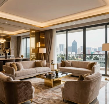 Photography of a high-end luxury apartment interior in New Gurgaon, featuring a spacious living room with gold accents, floor-to-ceiling windows showing a skyline, and contemporary South Asian designer furniture. The lighting is warm and inviting.