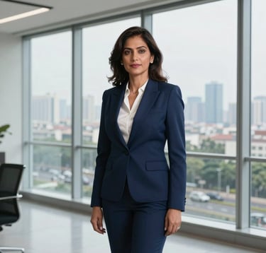 A high-end professional portrait of a South Asian female real estate executive in her 40s, dressed in a sharp navy blue business suit. She is standing in a bright, modern office with floor-to-ceiling windows overlooking the Dwarka Expressway skyline in Gurgaon.