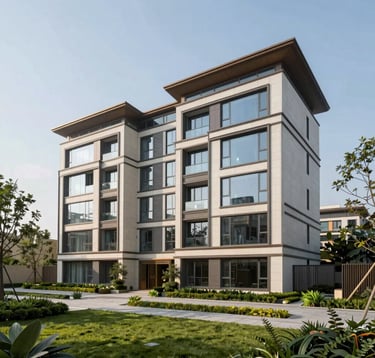 A photorealistic wide shot of a contemporary luxury housing project in New Gurgaon. The architecture features clean lines, large glass windows, and stone cladding, surrounded by professionally maintained gardens.