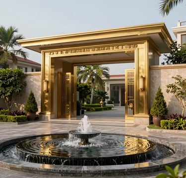 An exterior daytime photograph of a premier residential entrance in Gurgaon, showcasing a grand golden gate, manicured landscaping, and a sleek modern fountain, reflecting luxury and exclusivity.