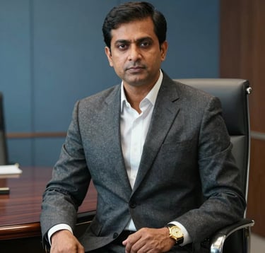 A high-end professional portrait of a South Asian male real estate director in his early 50s, wearing a tailored charcoal suit and a gold watch. He is seated in a luxury boardroom with muted blue walls and professional lighting.