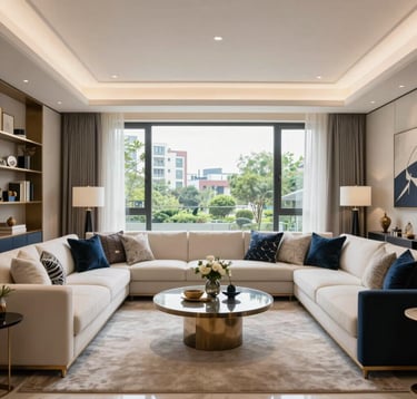 A bright, airy photography of a luxury show-home living room in Gurugram. High ceilings, designer furniture in off-white and navy tones, and a large window showcasing a green urban belt. The atmosphere is sophisticated and contemporary South Asian luxury.