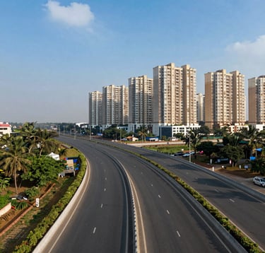 An expansive view of the modern Dwarka Expressway infrastructure in Gurgaon, showing a wide multi-lane road leading toward rising premium residential projects under a bright blue sky. The composition emphasizes urban growth and strategic connectivity in a South Asian context.