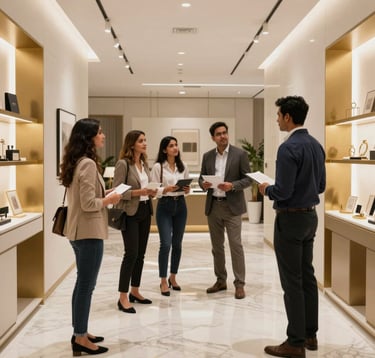 A high-end interior shot of a modern apartment sales gallery in Gurgaon. The space is minimalist and luxurious with off-white marble floors, gold-leaf accents, and professional South Asian consultants discussing property models with clients in a well-lit, professional environment.