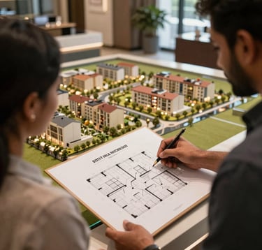 A close-up of a sophisticated South Asian / Indian interior designer showing floor plans to a couple in a high-end property sales gallery in Gurgaon. The background shows a detailed architectural scale model of a modern township.